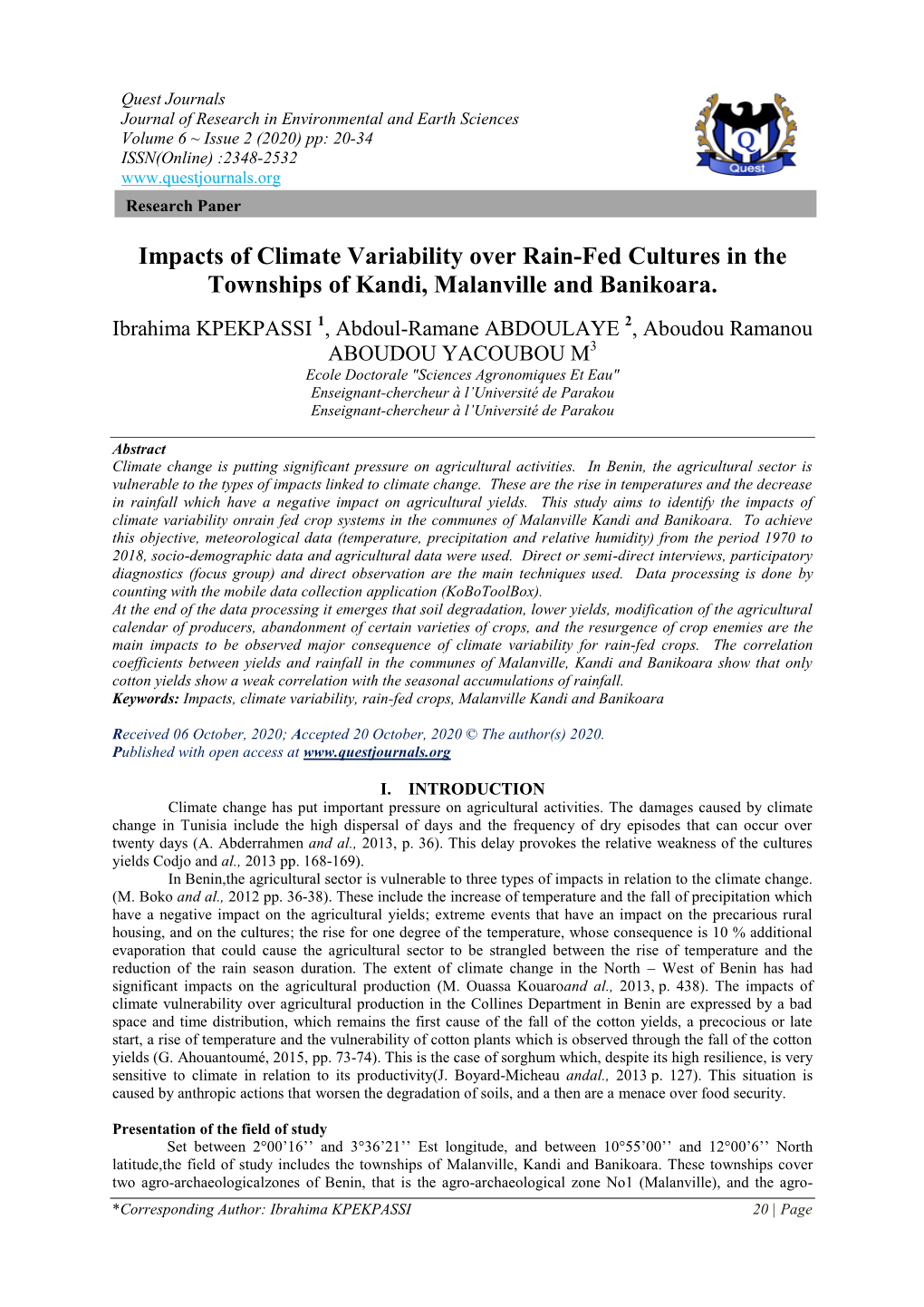 Impacts of Climate Variability Over Rain-Fed Cultures in the Townships of Kandi, Malanville and Banikoara