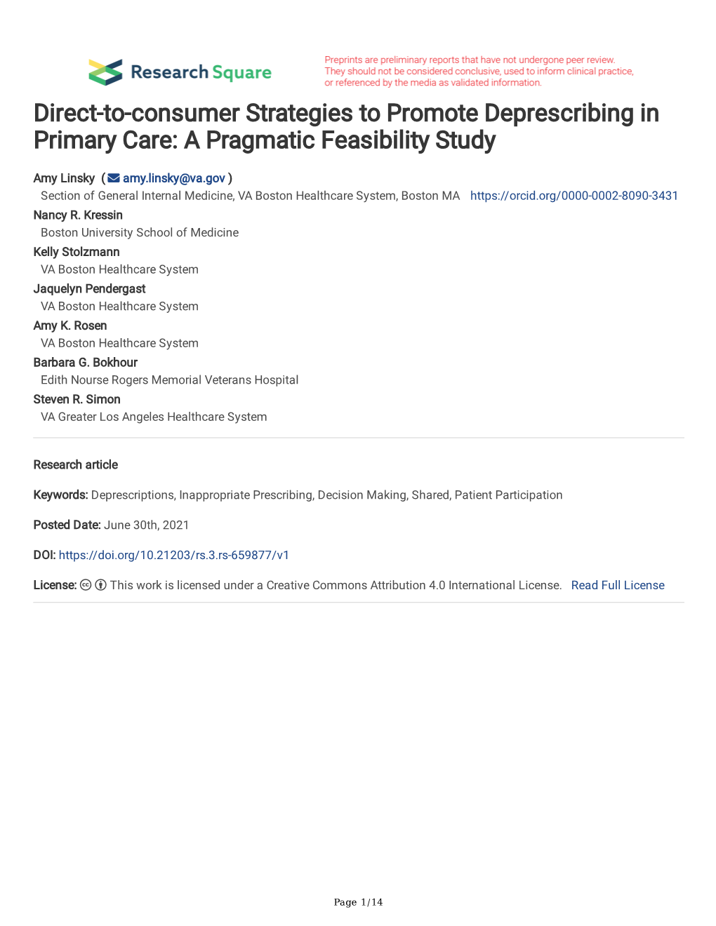 Direct-To-Consumer Strategies to Promote Deprescribing in Primary Care: a Pragmatic Feasibility Study