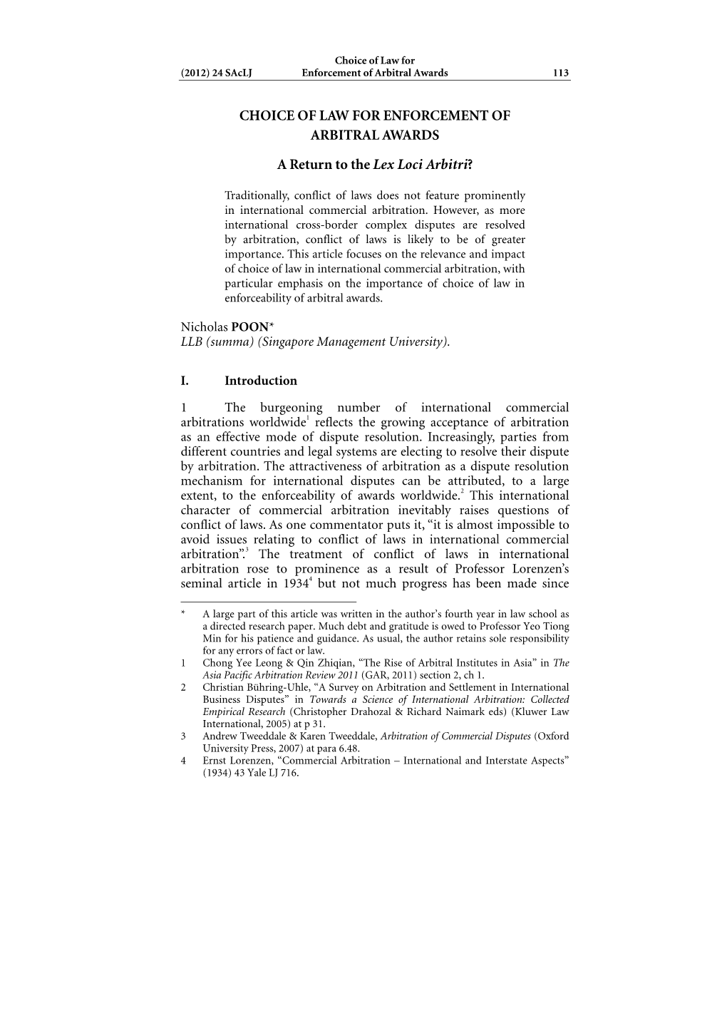 CHOICE of LAW for ENFORCEMENT of ARBITRAL AWARDS a Return to the Lex Loci Arbitri?