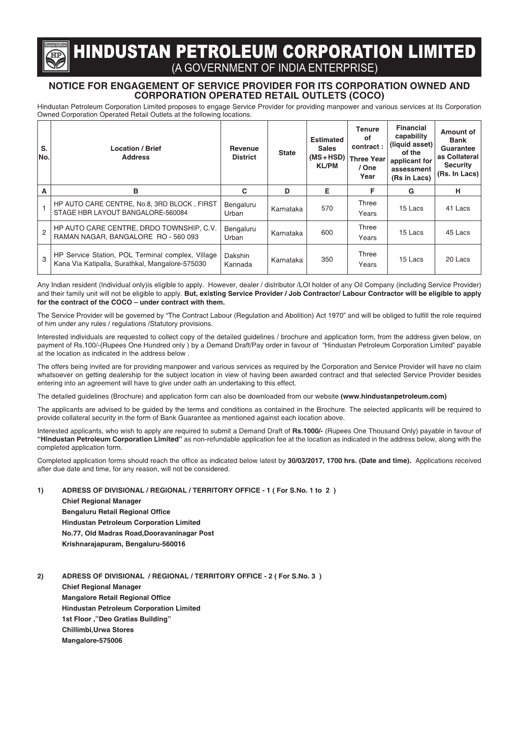 Notice for Engagement of Service Provider for Its Corporation Owned