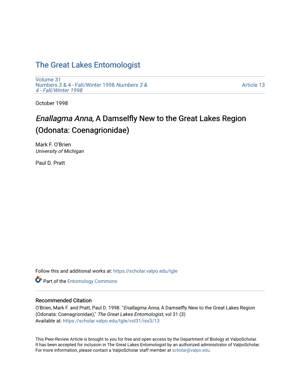 Enallagma Anna, a Damselfly New to the Great Lakes Region (Odonata