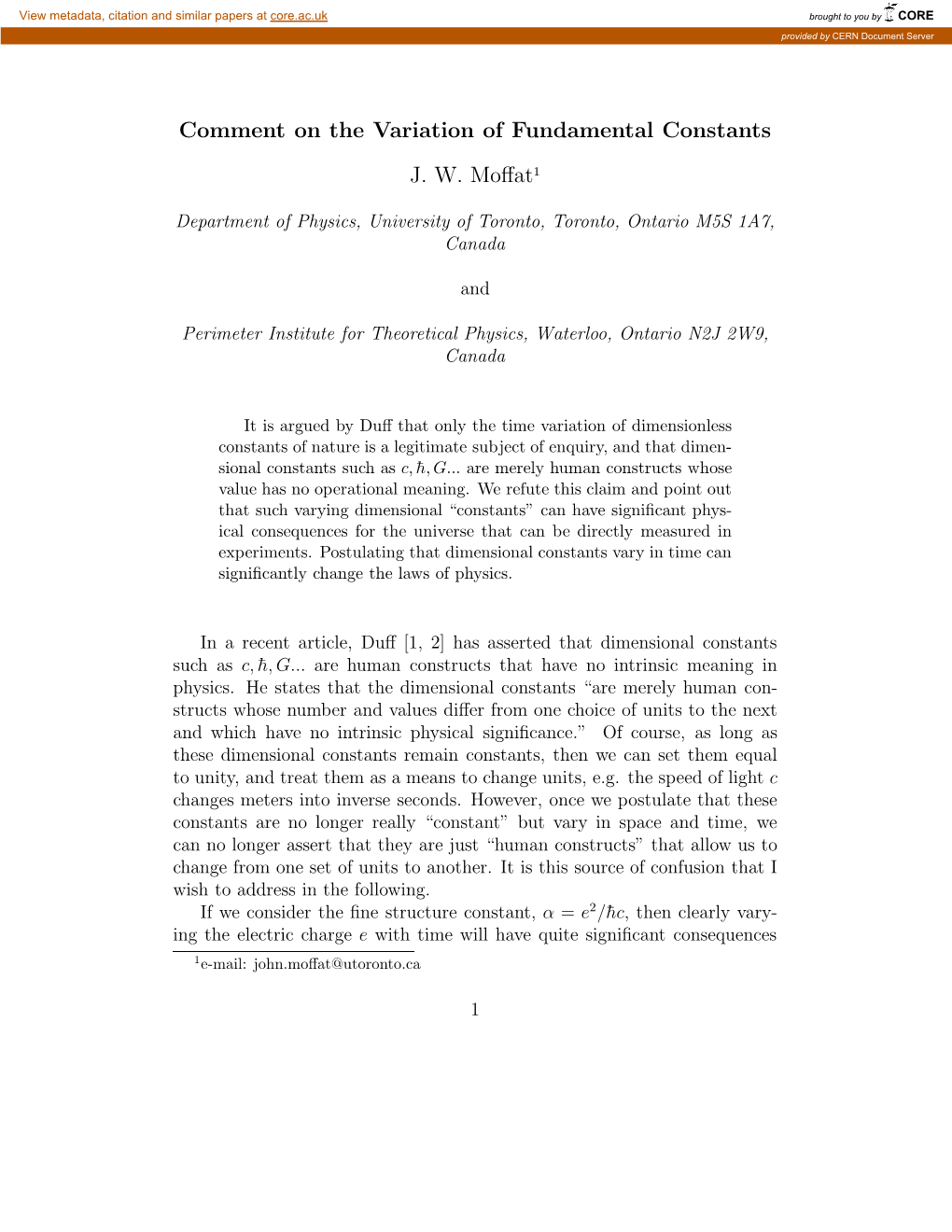 Comment on the Variation of Fundamental Constants J. W. Moffat1