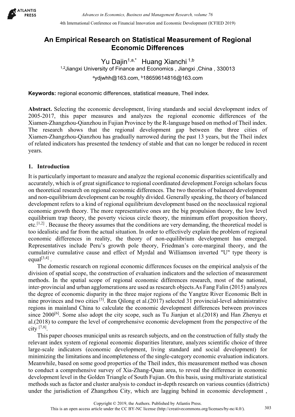 An Empirical Research on Statistical Measurement of Regional Economic Differences