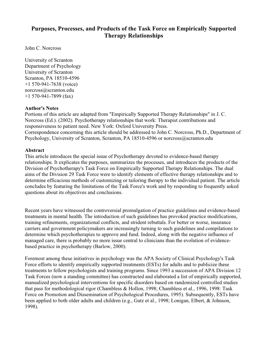 Purposes, Processes, and Products of the Task Force on Empirically Supported Therapy Relationships