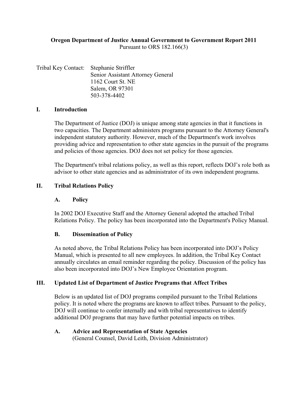 Oregon Department of Justice Annual Government to Government Report 2011 Pursuant to ORS 182.166(3)