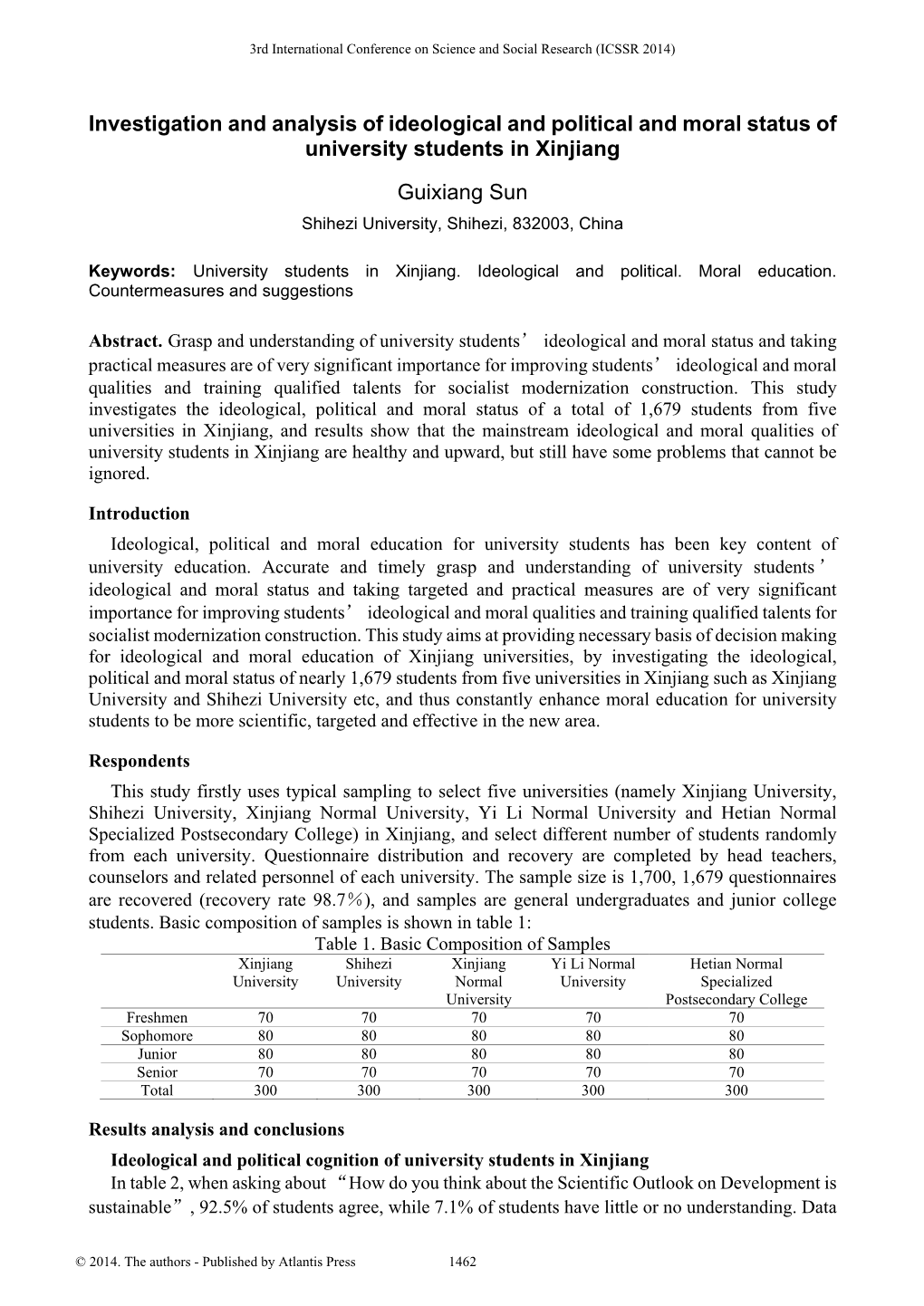 Investigation and Analysis of Ideological and Political and Moral Status of University Students in Xinjiang