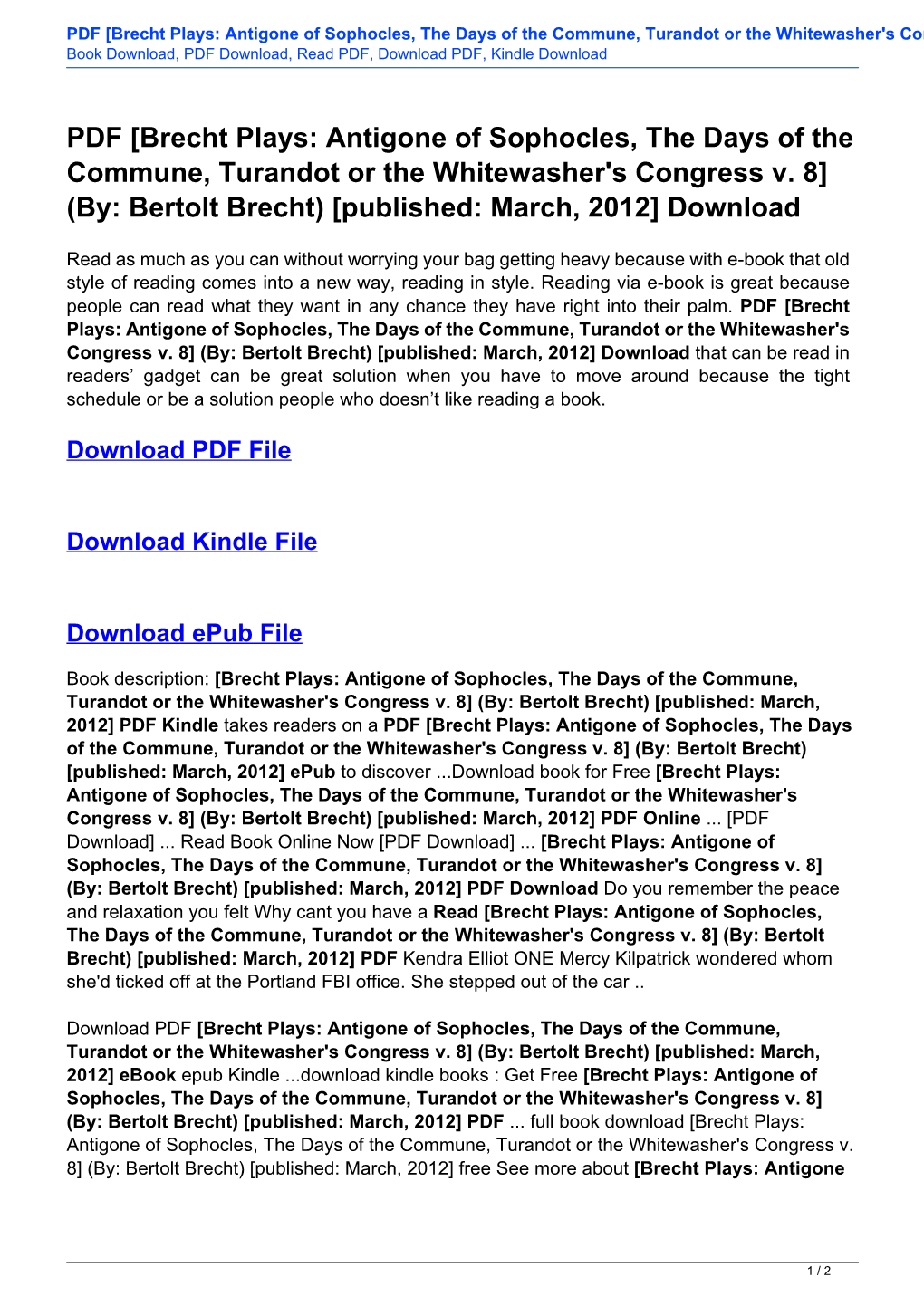 PDF [Brecht Plays: Antigone of Sophocles, the Days of the Commune, Turandot Or the Whitewasher's Congress V