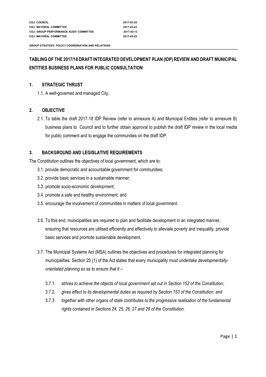 Tabling of the 2017/18 (IDP) Review and Draft Municipal Entities