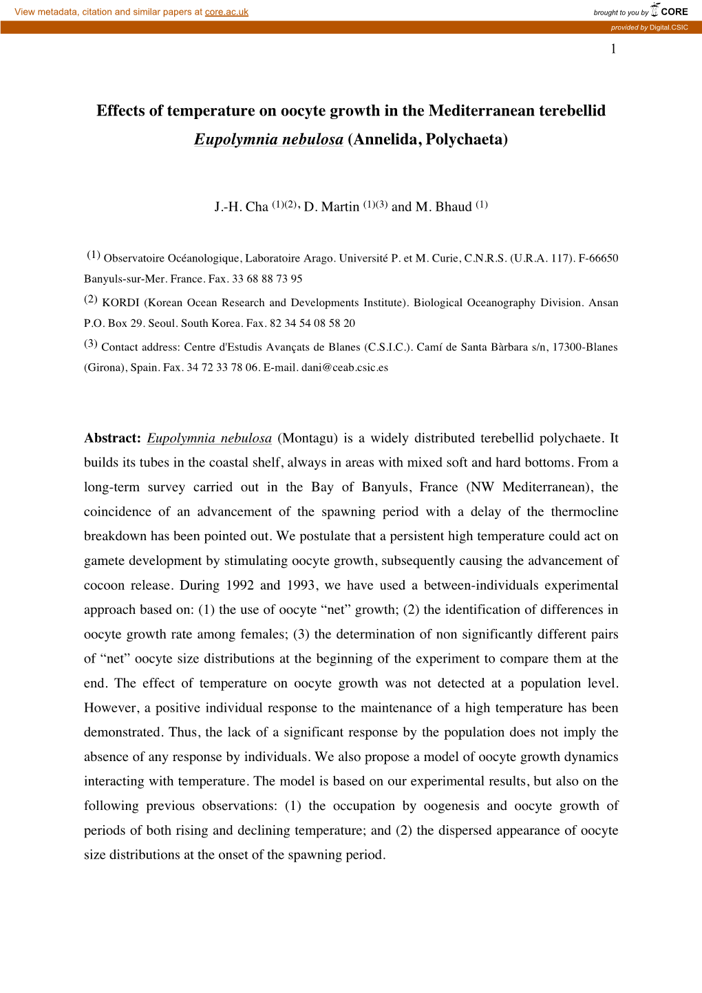 Effects of Temperature on Oocyte Growth in the Mediterranean Terebellid Eupolymnia Nebulosa (Annelida, Polychaeta)