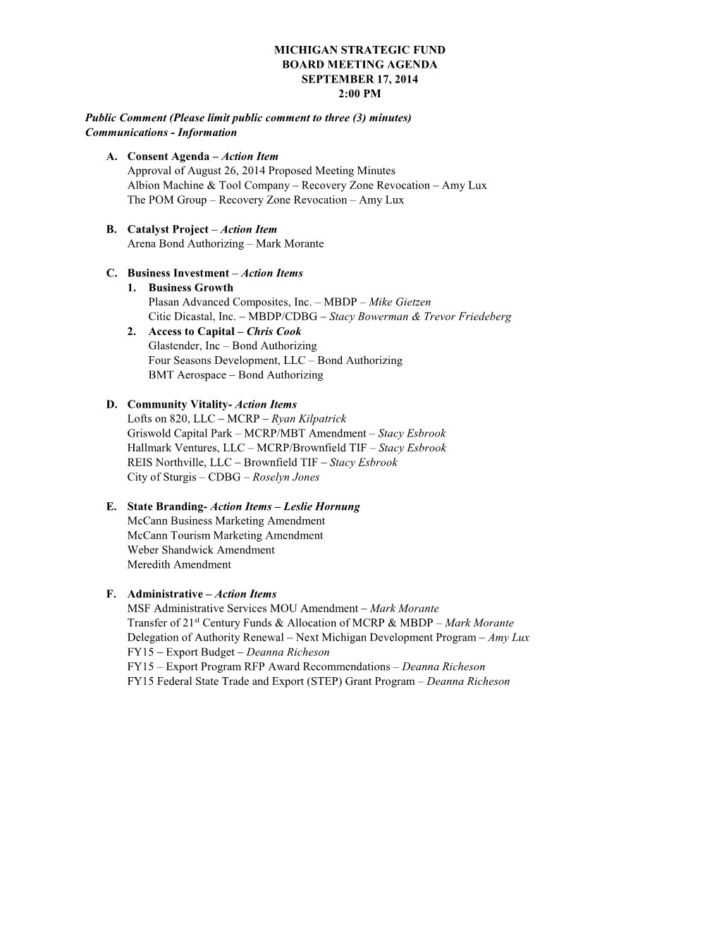 Michigan Strategic Fund Board Meeting Agenda September 17, 2014 2:00 Pm