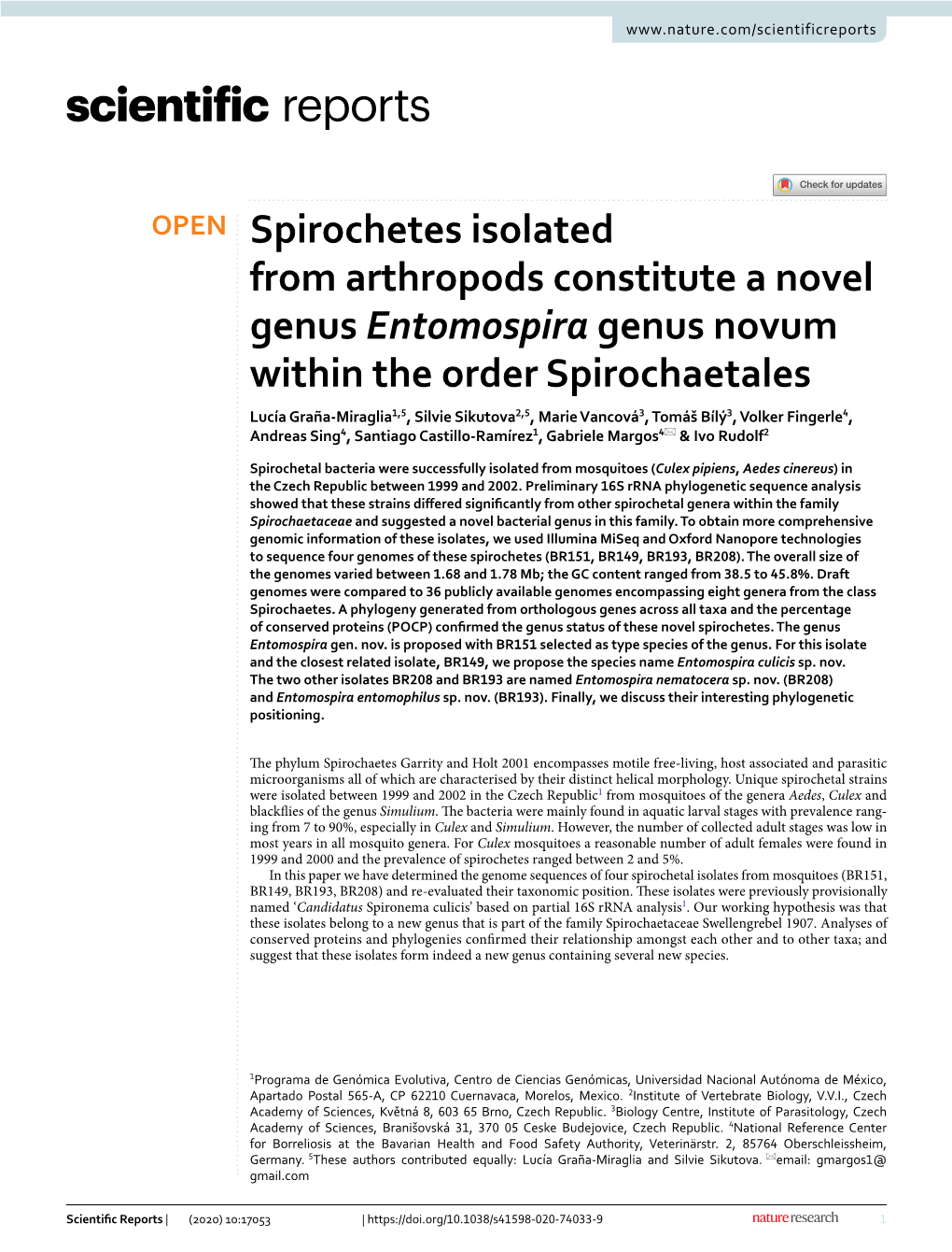 Spirochetes Isolated from Arthropods Constitute a Novel Genus Entomospira Genus Novum Within the Order Spirochaetales