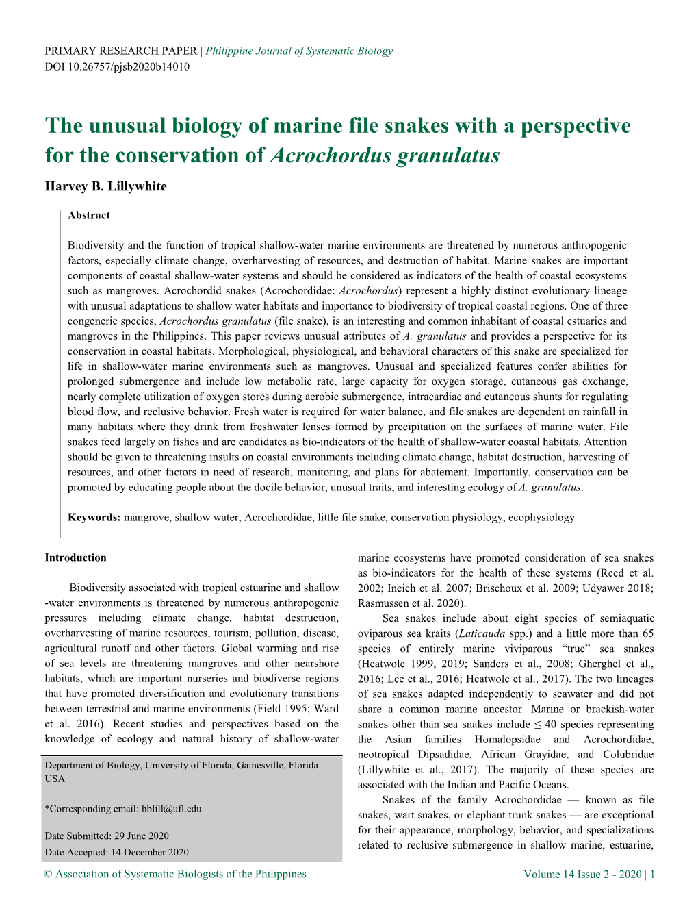 The Unusual Biology of Marine File Snakes with a Perspective for the Conservation of Acrochordus Granulatus Harvey B