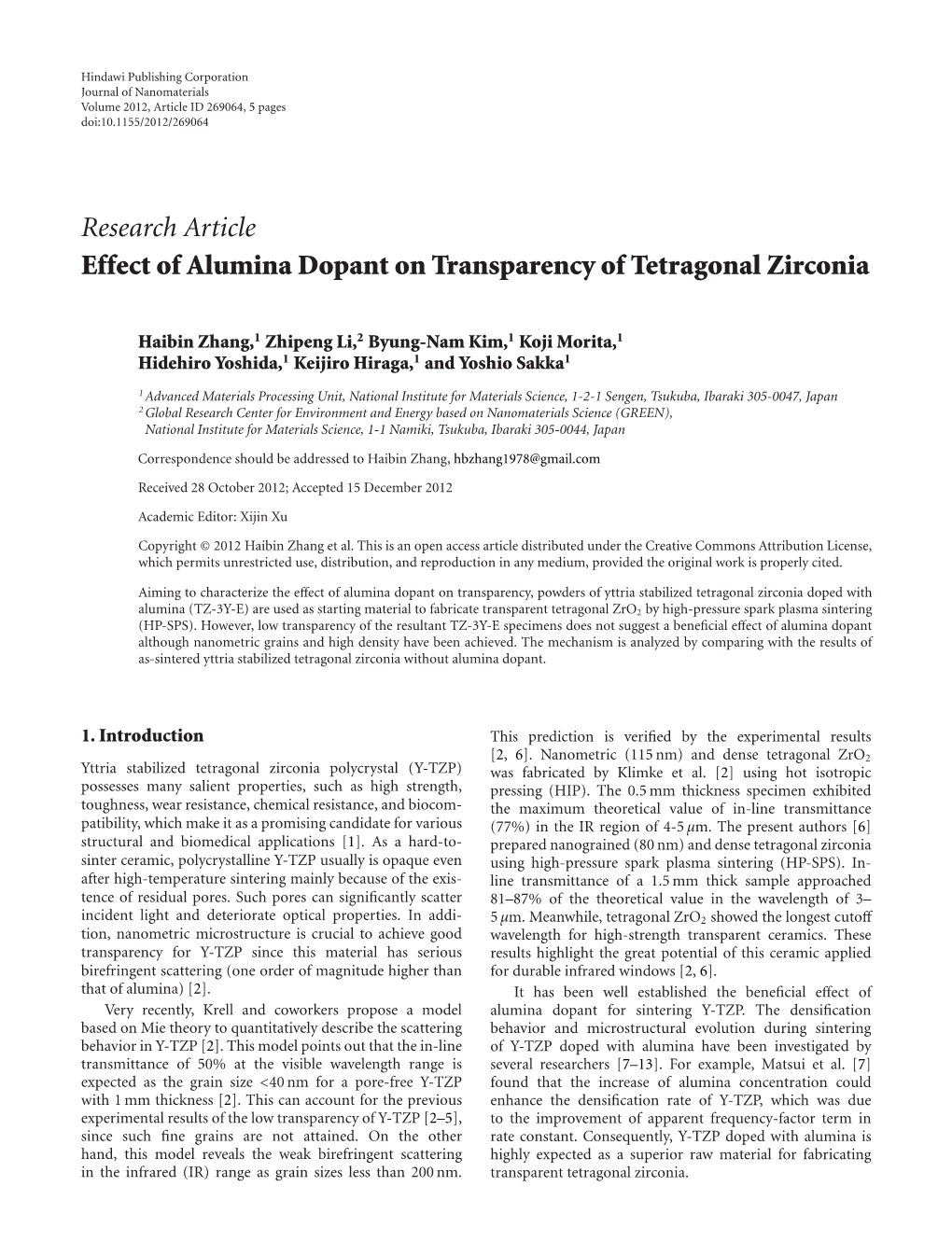 Research Article Effect of Alumina Dopant on Transparency of Tetragonal Zirconia