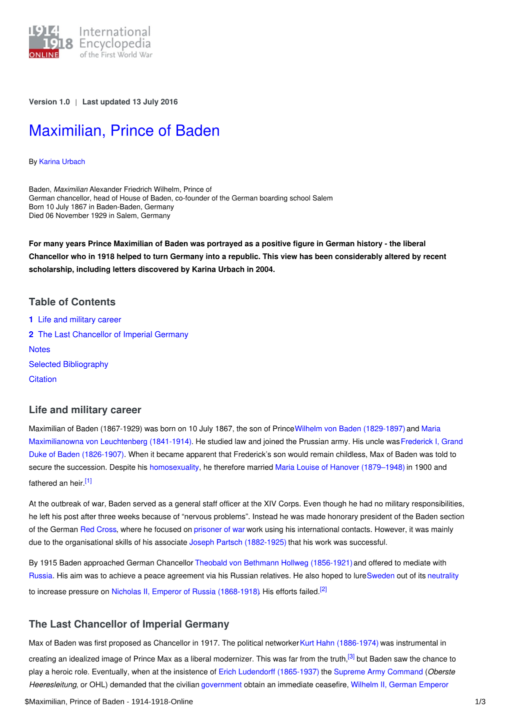 Maximilian, Prince of Baden | International Encyclopedia of The