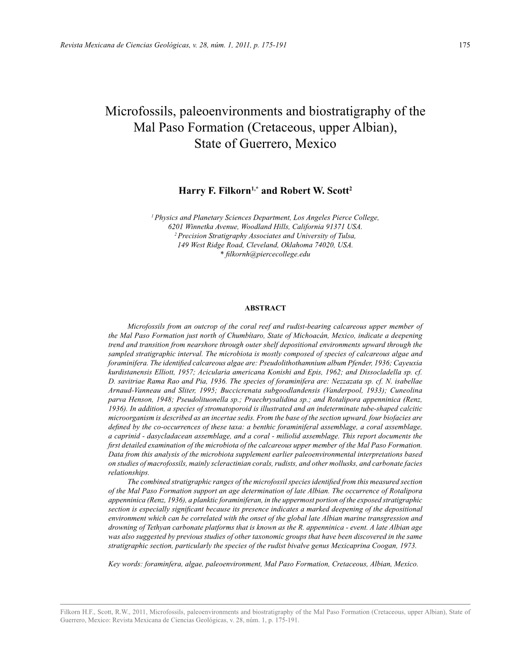 Microfossils, Paleoenvironments and Biostratigraphy of the Mal Paso Formation (Cretaceous, Upper Albian), State of Guerrero, Mexico