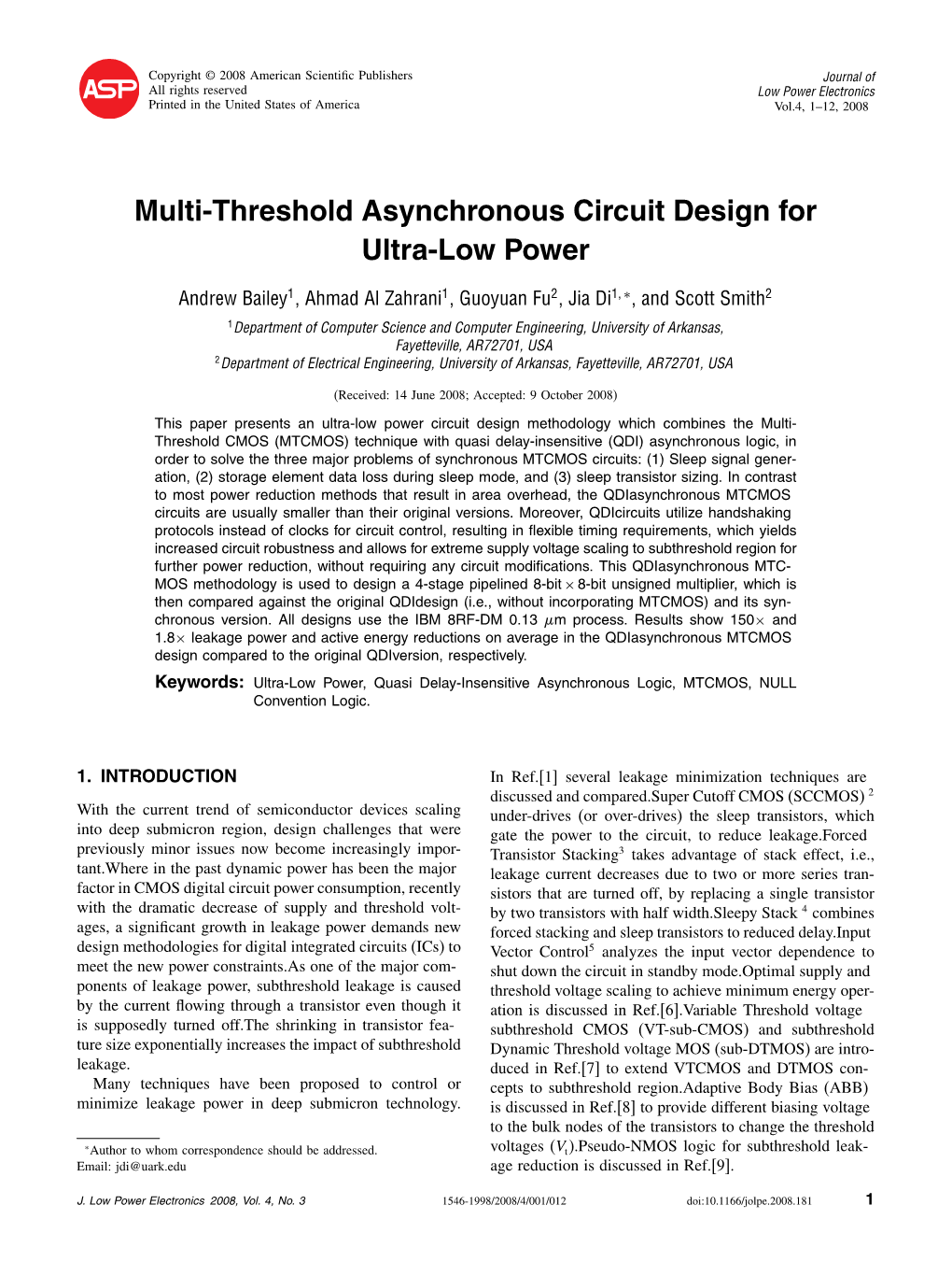 Multi-Threshold Asynchronous Circuit Design for Ultra-Low Power