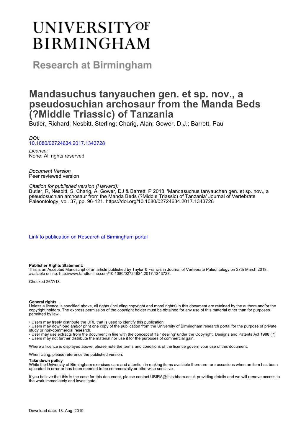 Mandasuchus Tanyauchen Gen. Et Sp. Nov., a Pseudosuchian Archosaur