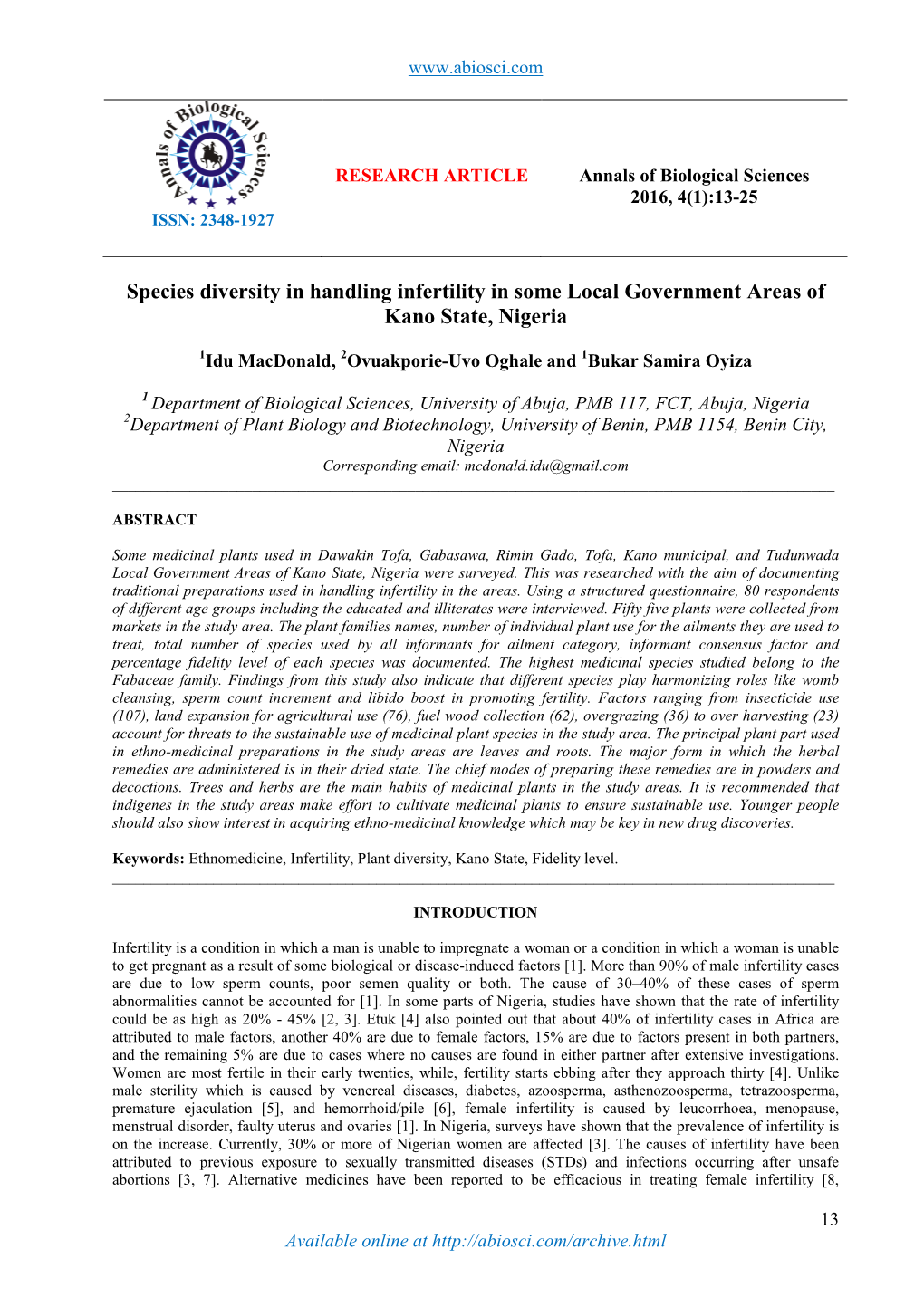 Species Diversity in Handling Infertility in Some Local Government Areas of Kano State, Nigeria