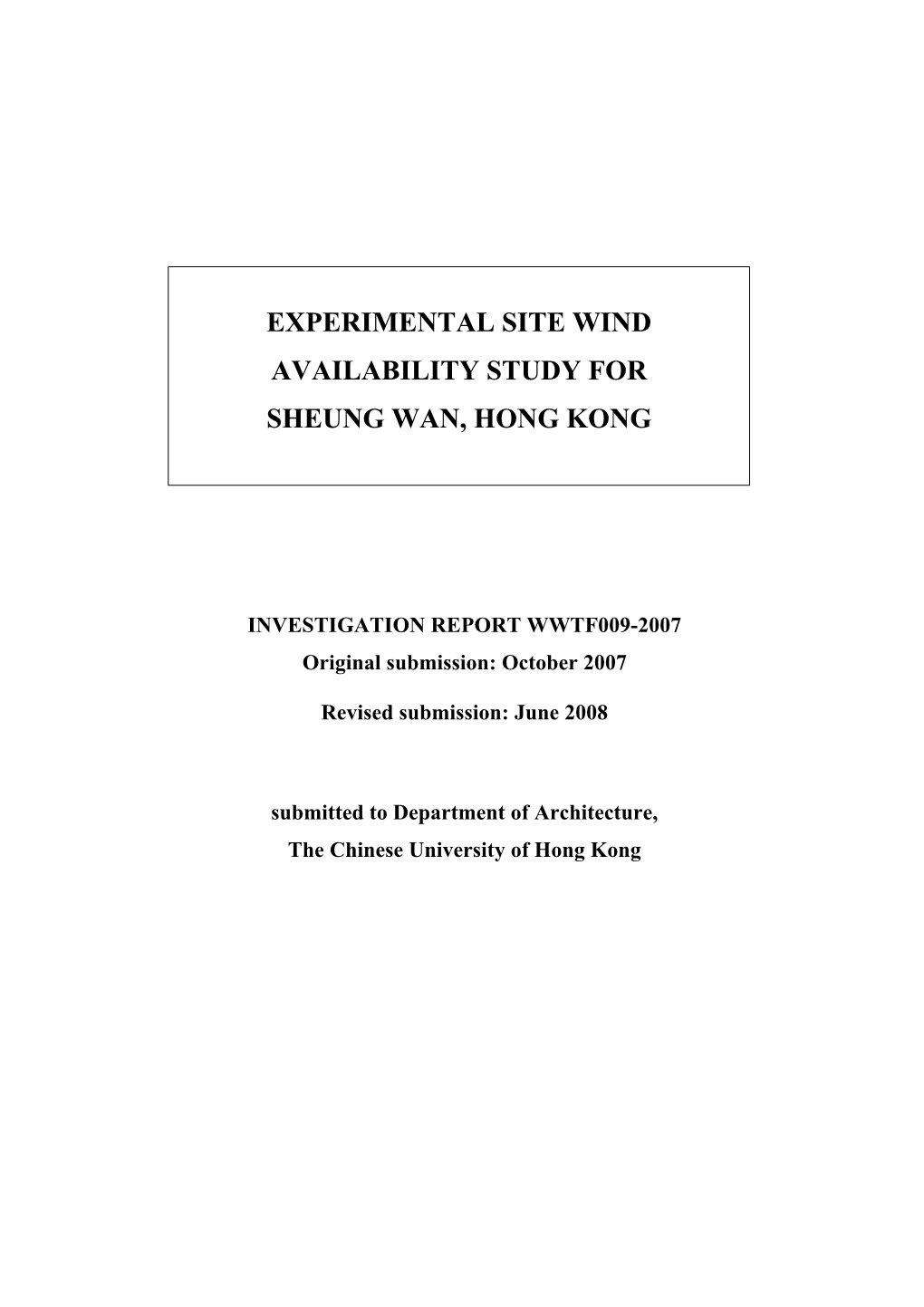 Experimental Site Wind Availability Data for Sheung