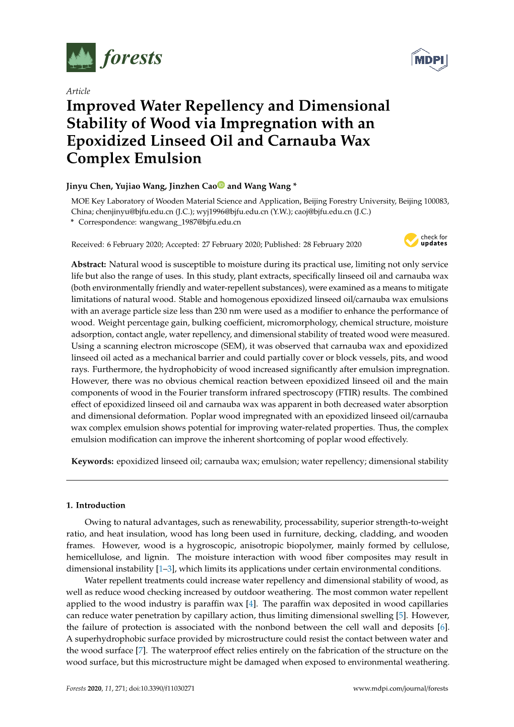 Improved Water Repellency and Dimensional Stability of Wood Via Impregnation with an Epoxidized Linseed Oil and Carnauba Wax Complex Emulsion