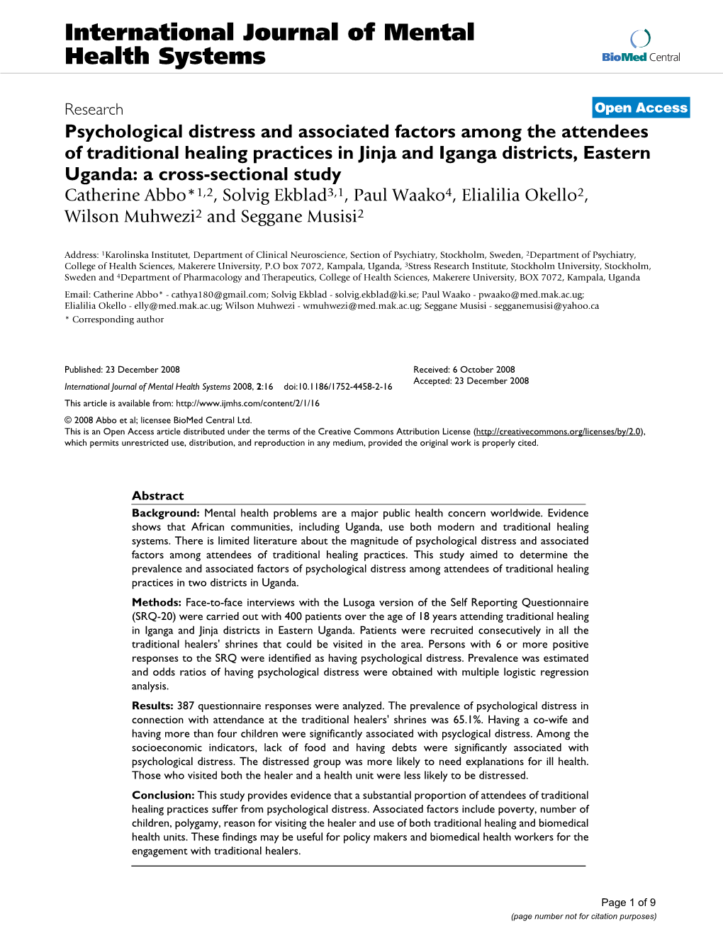 Psychological Distress and Associated Factors Among the Attendees of Traditional Healing Practices in Jinja and Iganga Districts, Eastern Uganda: a Cross-Sectional Study