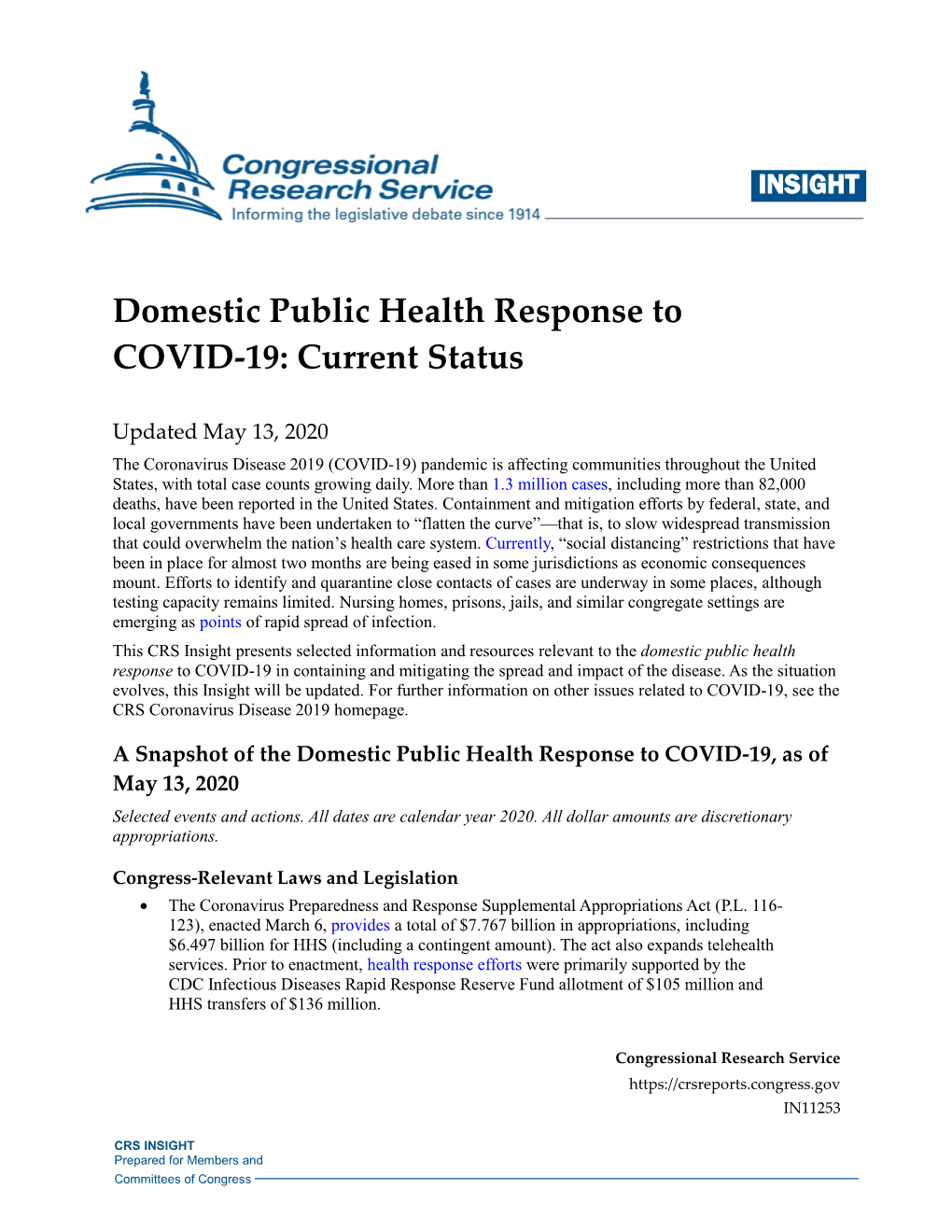 Domestic Public Health Response to COVID˚19
