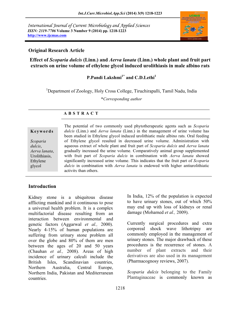 And Aerva Lanata (Linn.) Whole Plant and Fruit Part Extracts on Urine Volume of Ethylene Glycol Induced Urolithiasis in Male Albino Rats