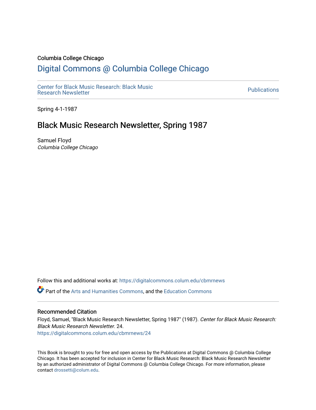 Black Music Research Newsletter, Spring 1987