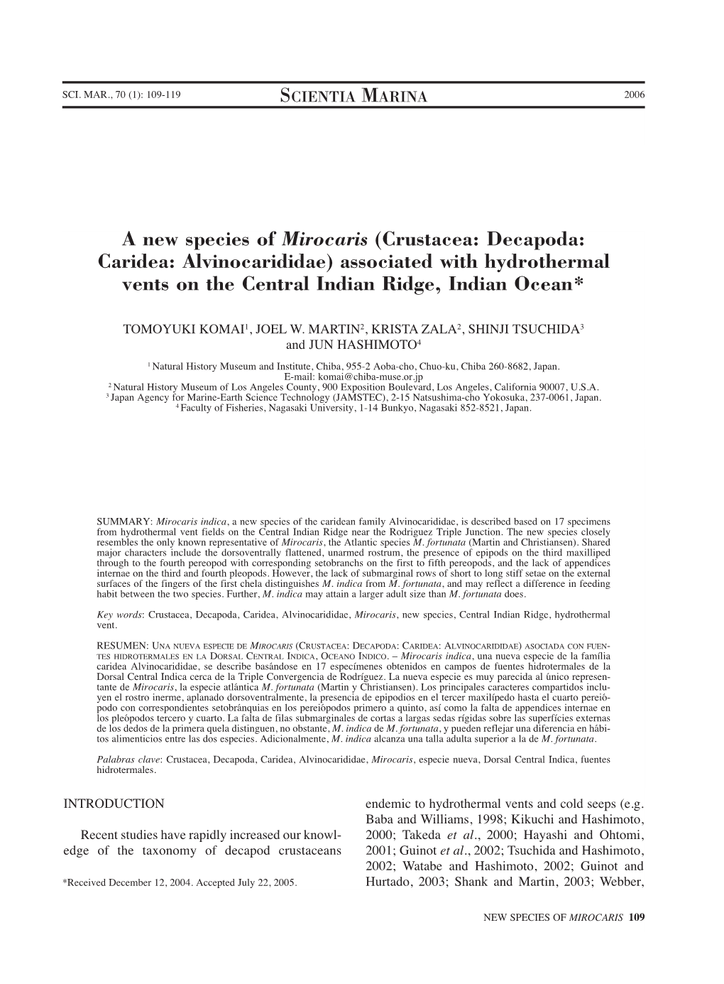 Crustacea: Decapoda: Caridea: Alvinocarididae) Associated with Hydrothermal Vents on the Central Indian Ridge, Indian Ocean*