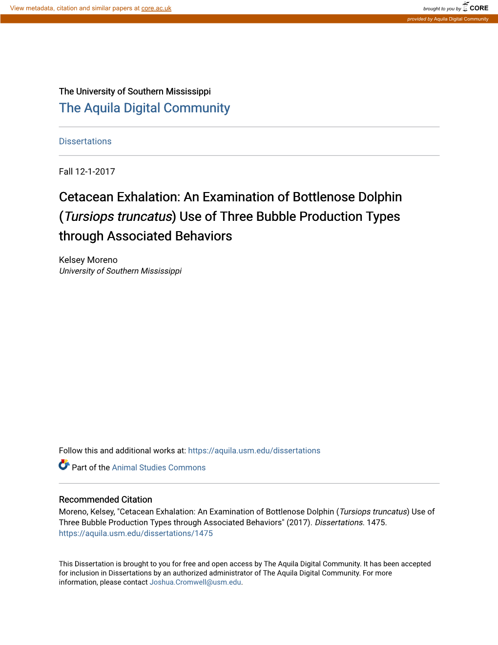 Cetacean Exhalation: an Examination of Bottlenose Dolphin (Tursiops Truncatus) Use of Three Bubble Production Types Through Associated Behaviors