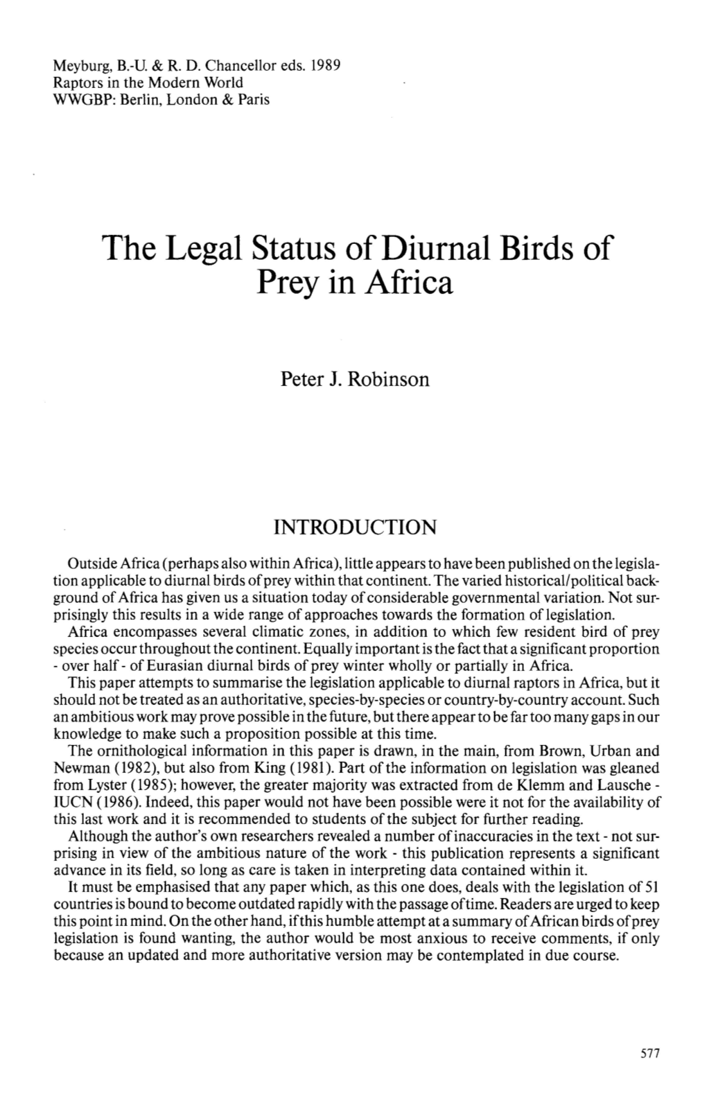 The Legal Status of Diurnal Birds of Prey in Africa