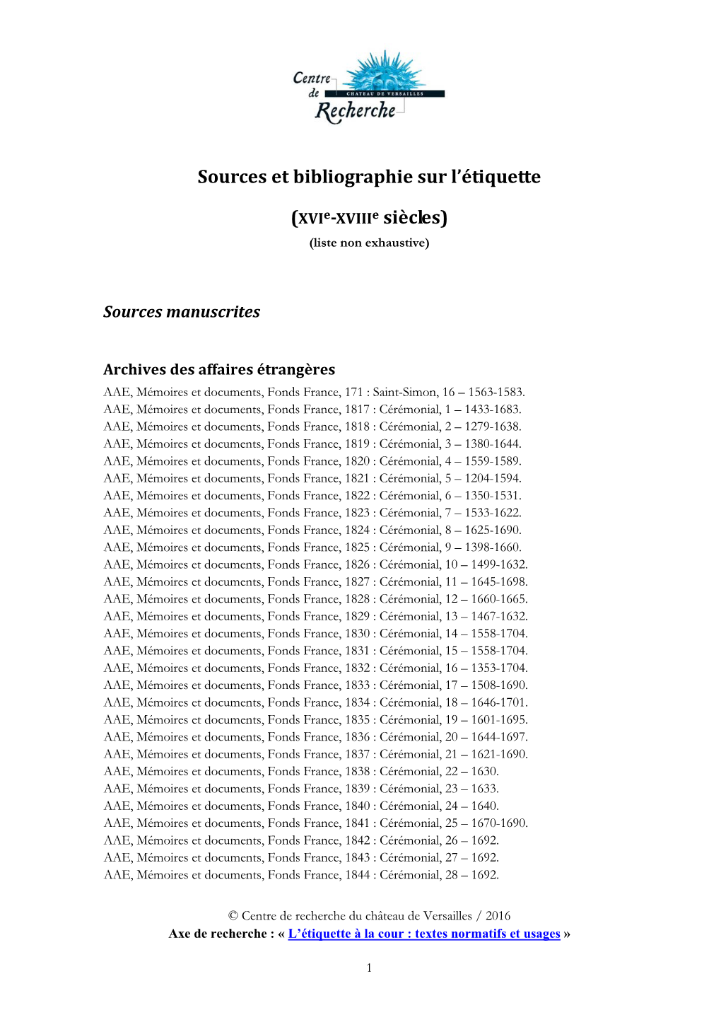 Sources Et Bibliographie Sur L'étiquette (Xvie-Xviiie Siècles)