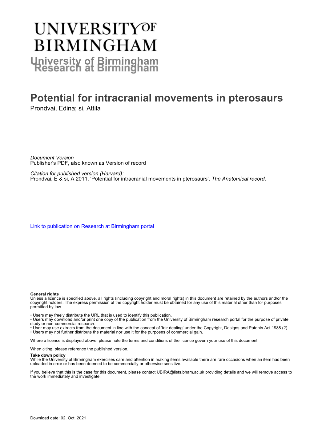 Potential for Intracranial Movements in Pterosaurs Prondvai, Edina; Si, Attila