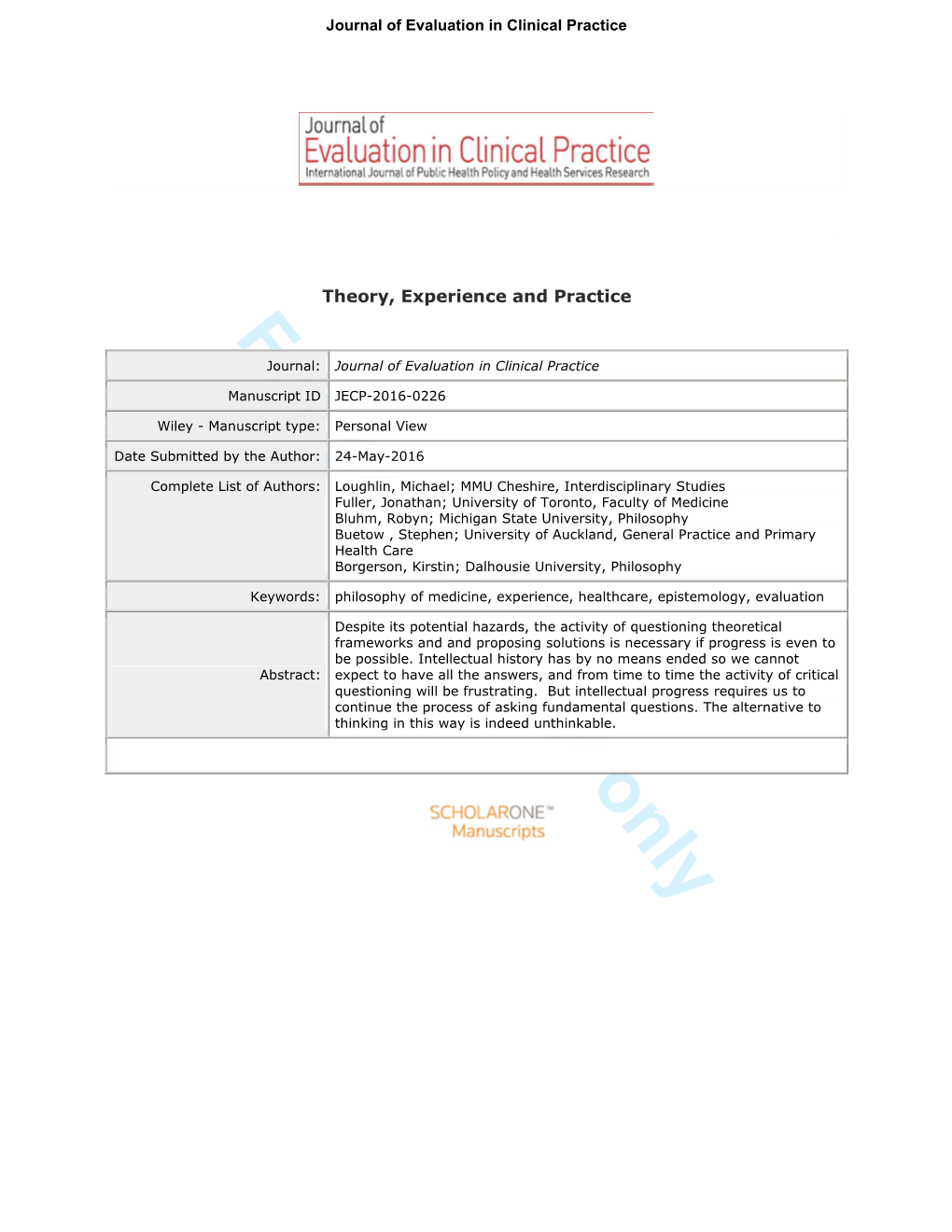 For Peer Review Only Journal: Journal of Evaluation in Clinical Practice