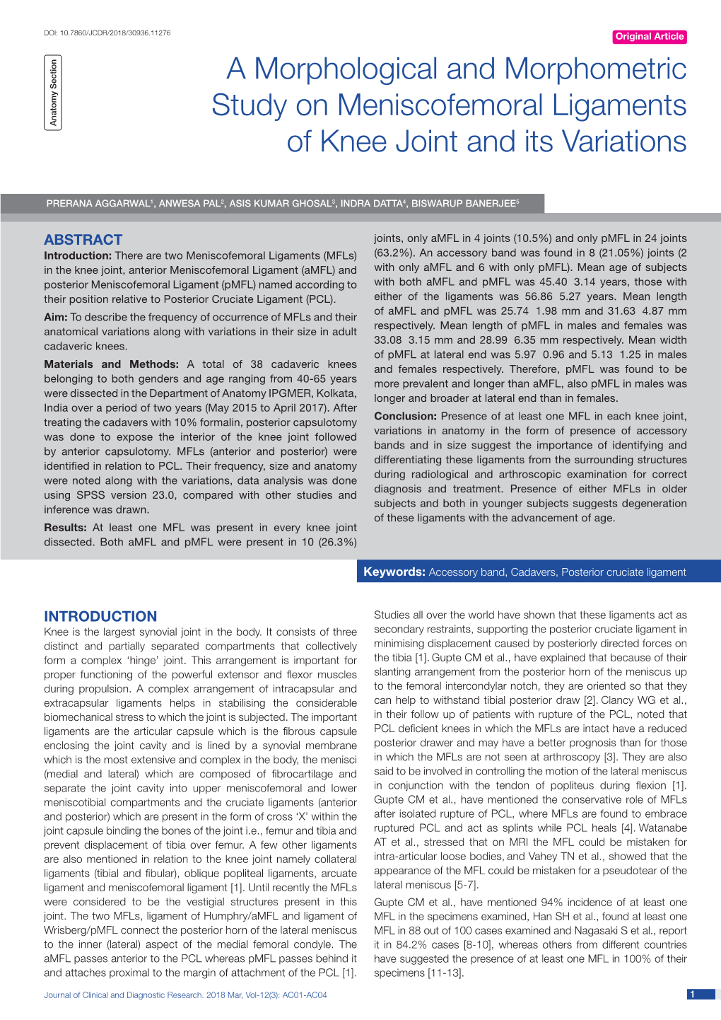 A Morphological and Morphometric Study on Meniscofemoral Ligaments Anatomy Section Anatomy of Knee Joint and Its Variations