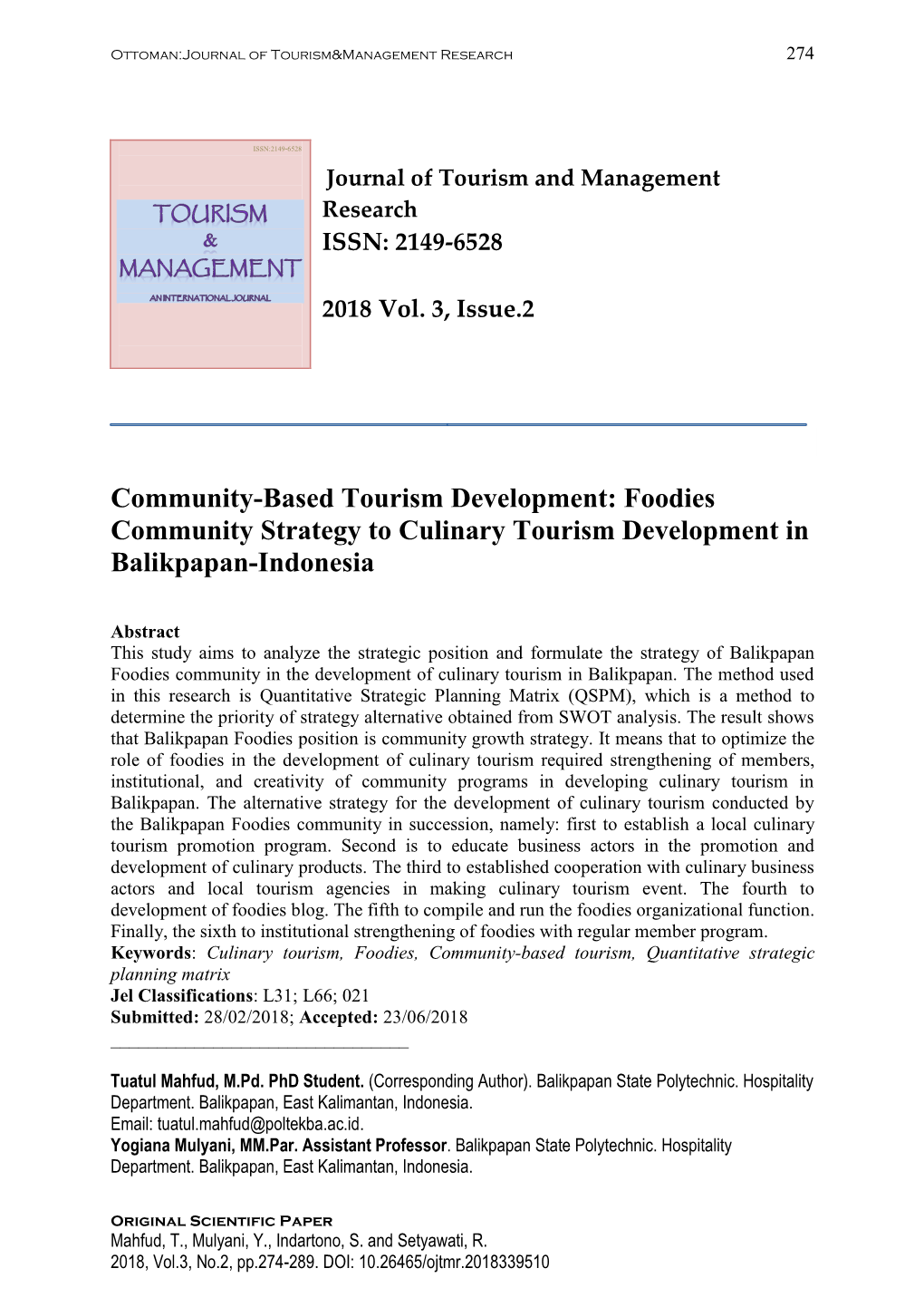 Community-Based Tourism Development: Foodies Community Strategy to Culinary Tourism Development in Balikpapan-Indonesia