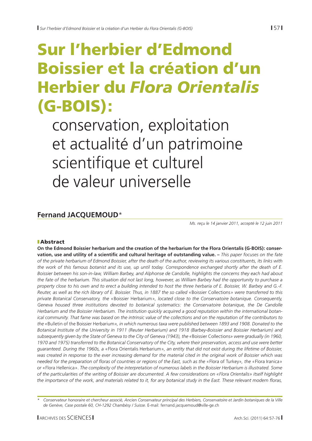 Sur L'herbier D'edmond Boissier Et La Création D'un Herbier Du Flora Orientalis