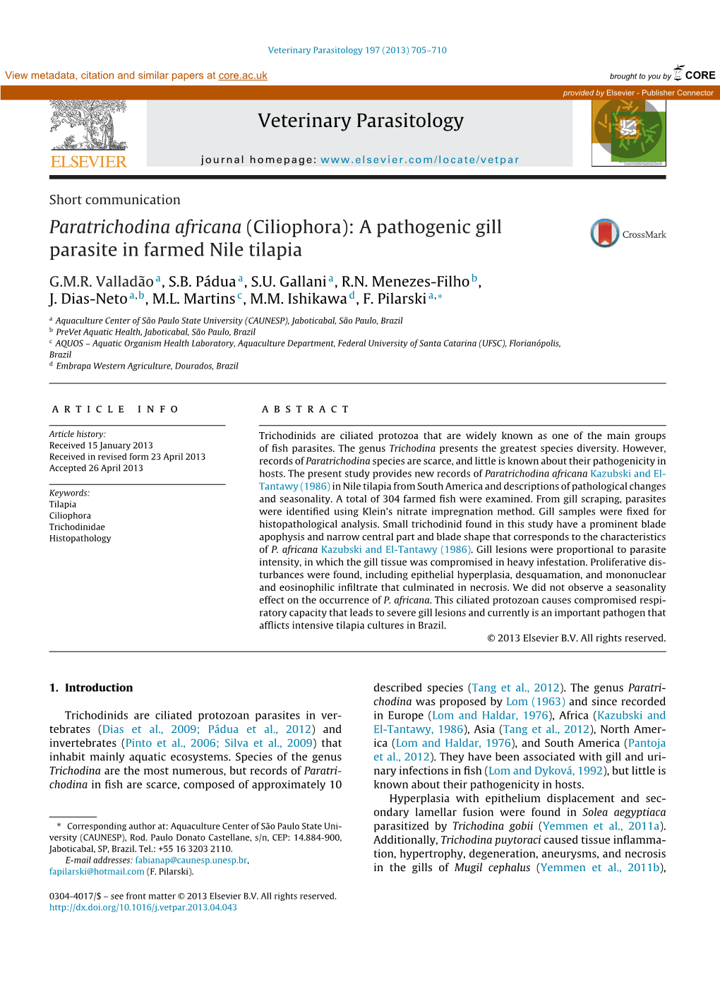 (Ciliophora): a Pathogenic Gill Parasite in Farmed Nile Tilapia