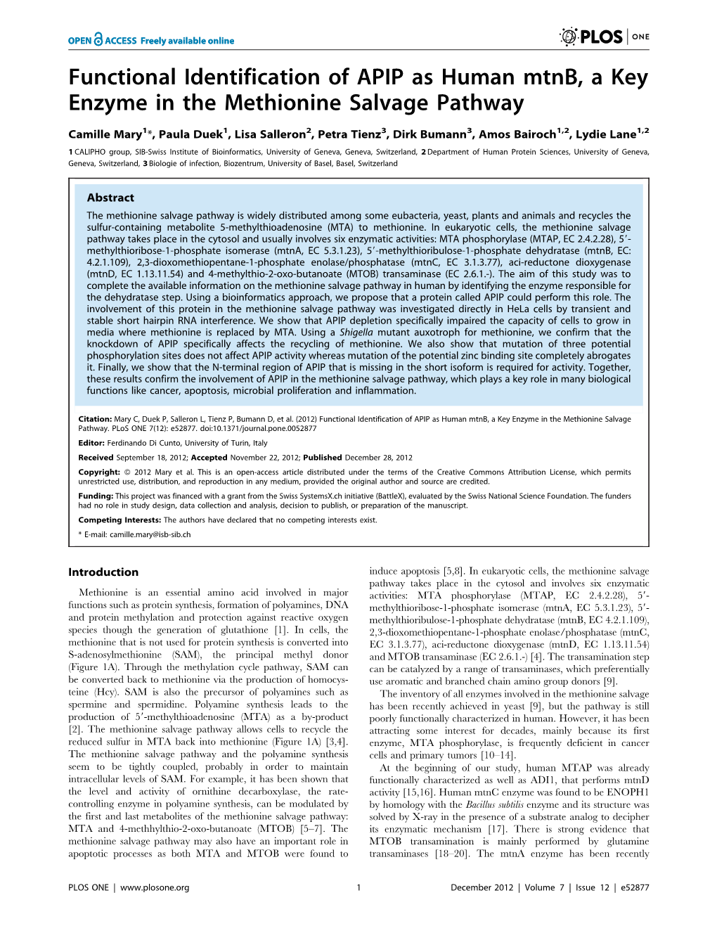 Functional Identification of APIP As Human Mtnb, a Key Enzyme in the Methionine Salvage Pathway