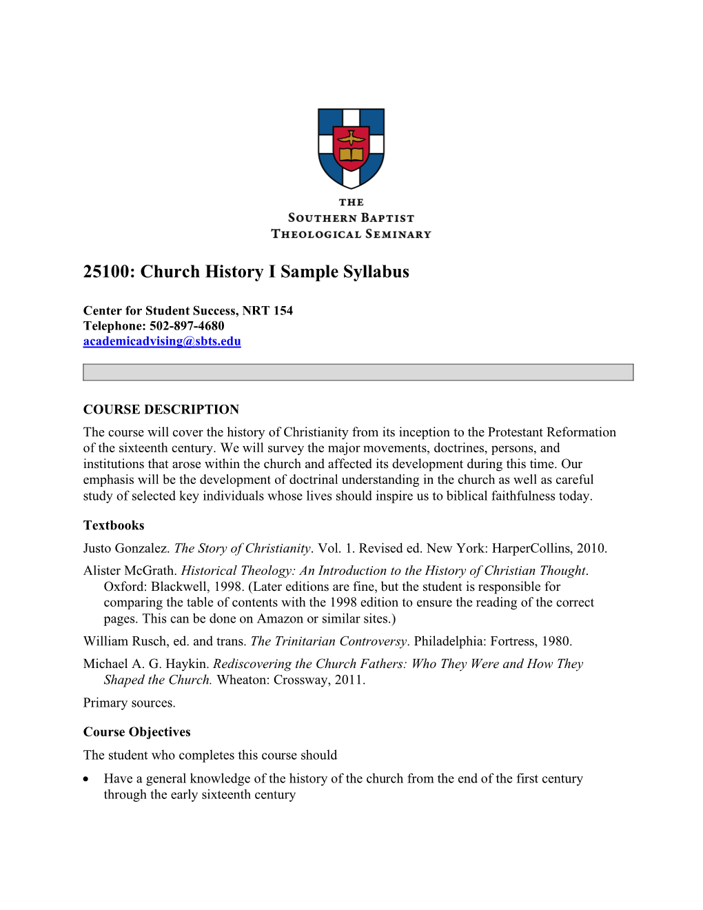 25100: Church History I Sample Syllabus