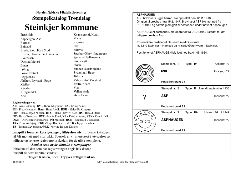 Steinkjer Kommune ASPHAUGEN Poståpneri, Ble Opprettet Fra 01.01.1949 I Stedet for Det Innhold: Kvamsgrend, Kvam Tidligere Brevhus Asp