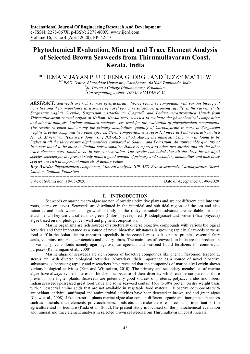 Phytochemical Evaluation, Mineral and Trace Element Analysis of Selected Brown Seaweeds from Thirumullavaram Coast, Kerala, India