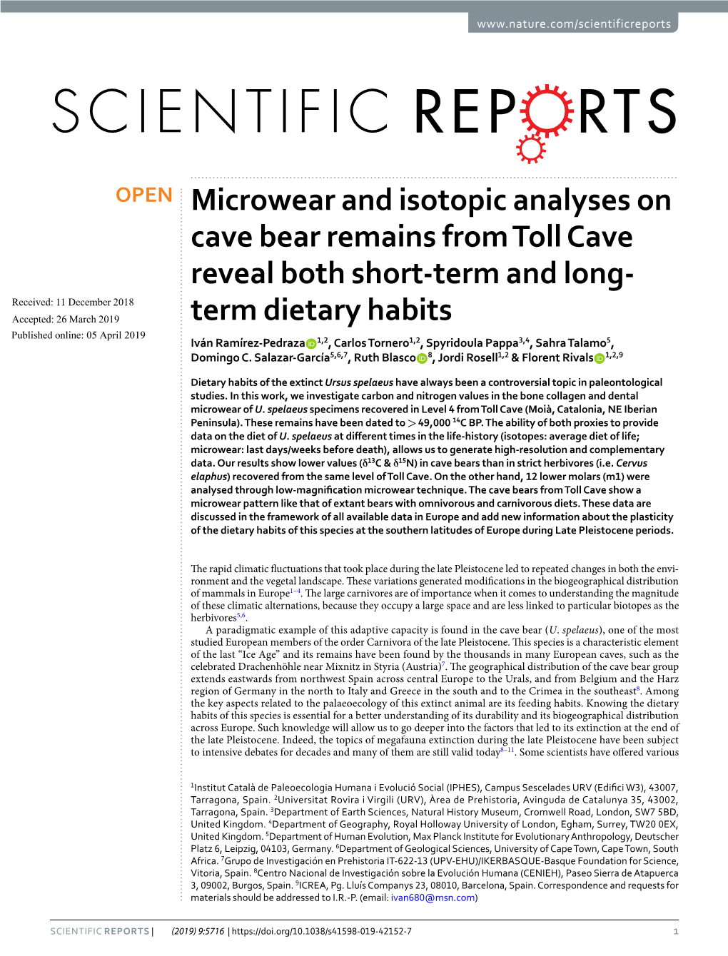 Microwear and Isotopic Analyses on Cave Bear Remains from Toll Cave Reveal Both Short-Term and Long-Term Dietary Habits