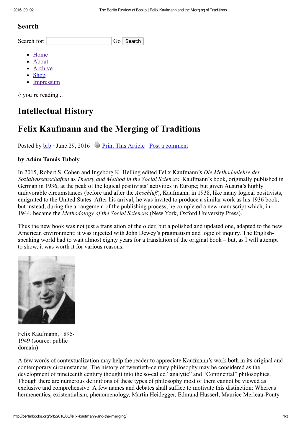 Intellectual History Felix Kaufmann and the Merging of Traditions