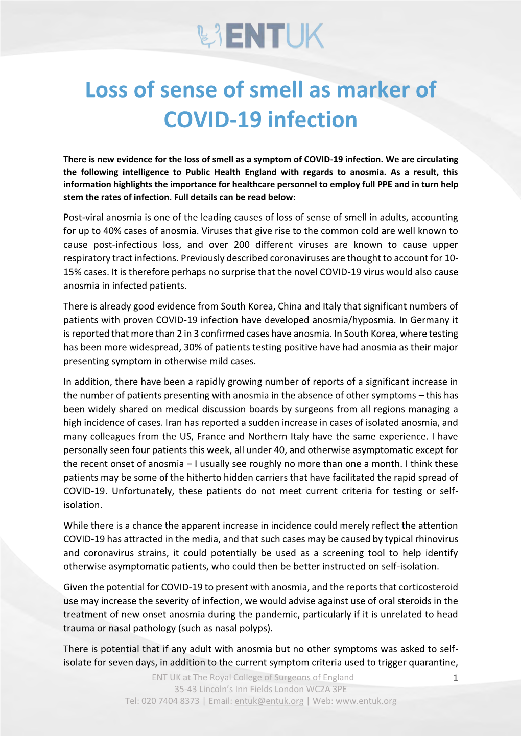 Loss of Sense of Smell As Marker of COVID-19 Infection