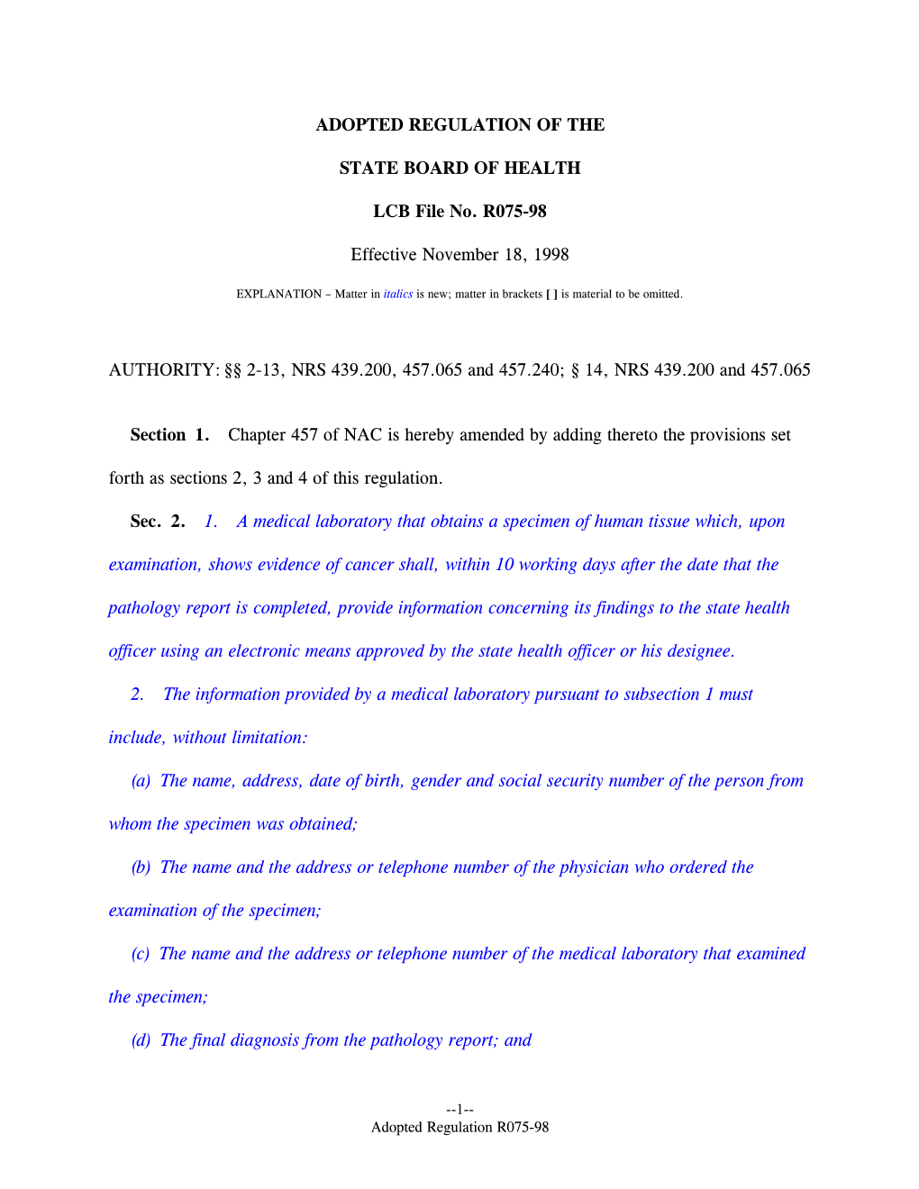 Adopted Regulation of the State Board of Health Lcb