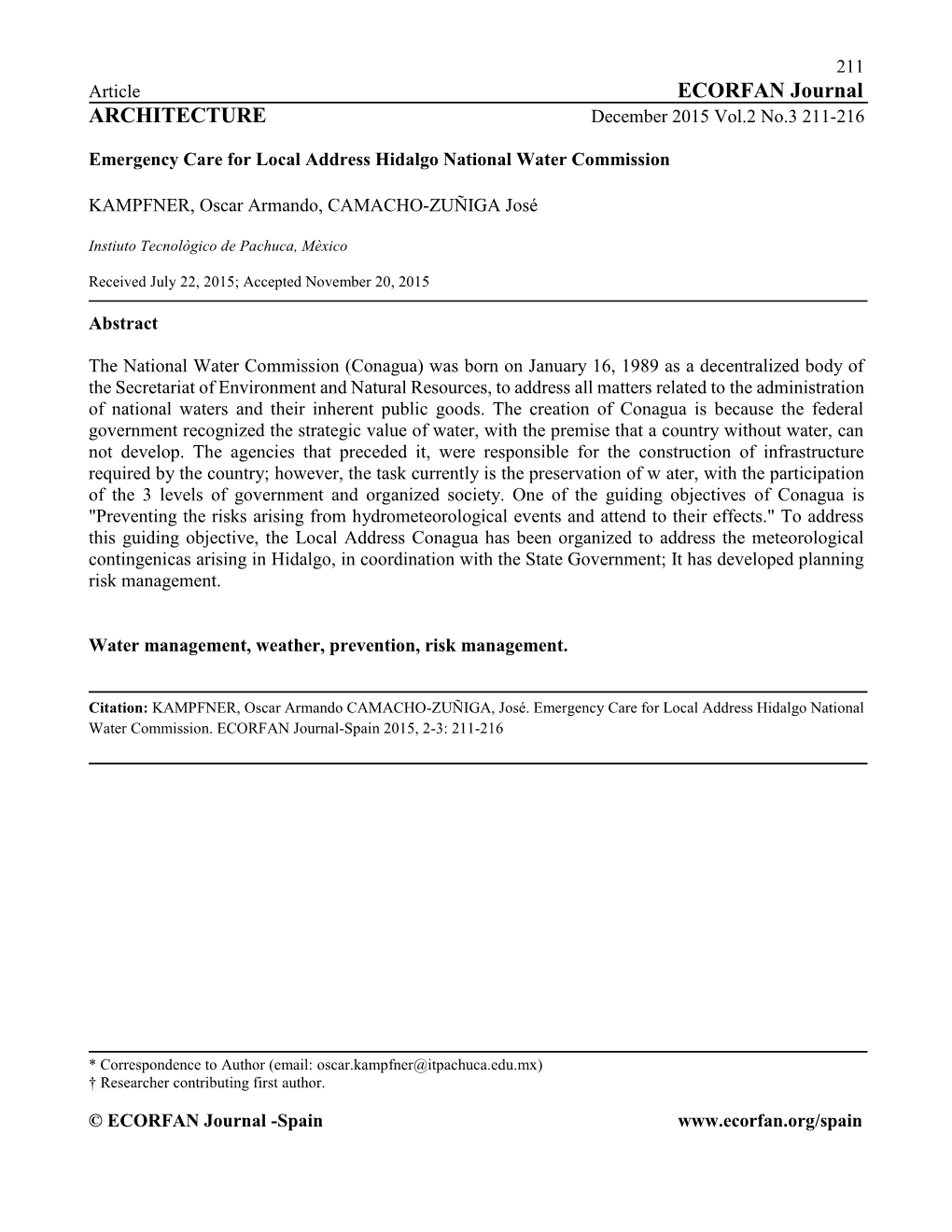 ECORFAN Journal ARCHITECTURE December 2015 Vol.2 No.3 211-216