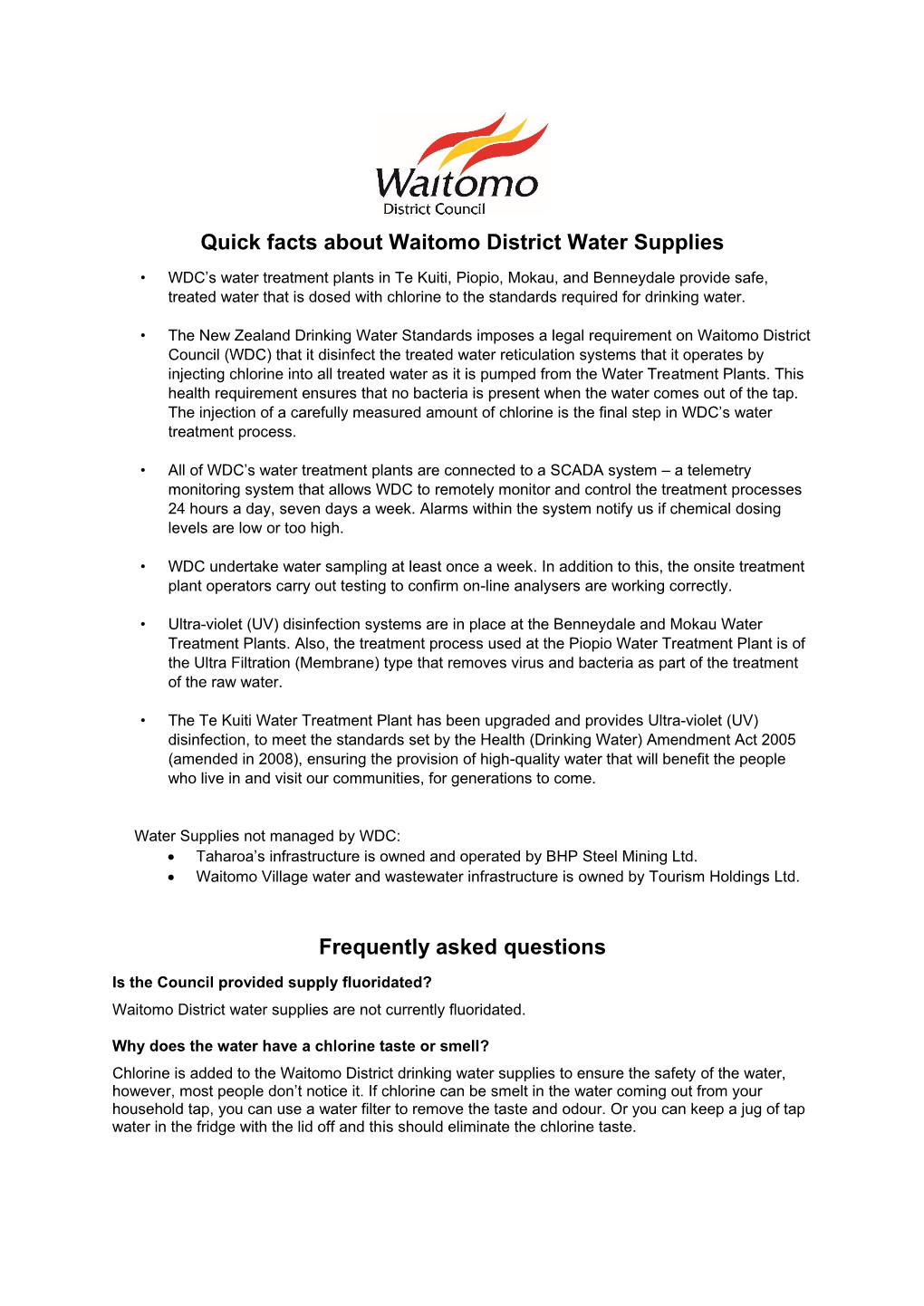 Quick Facts About Waitomo District Water Supplies
