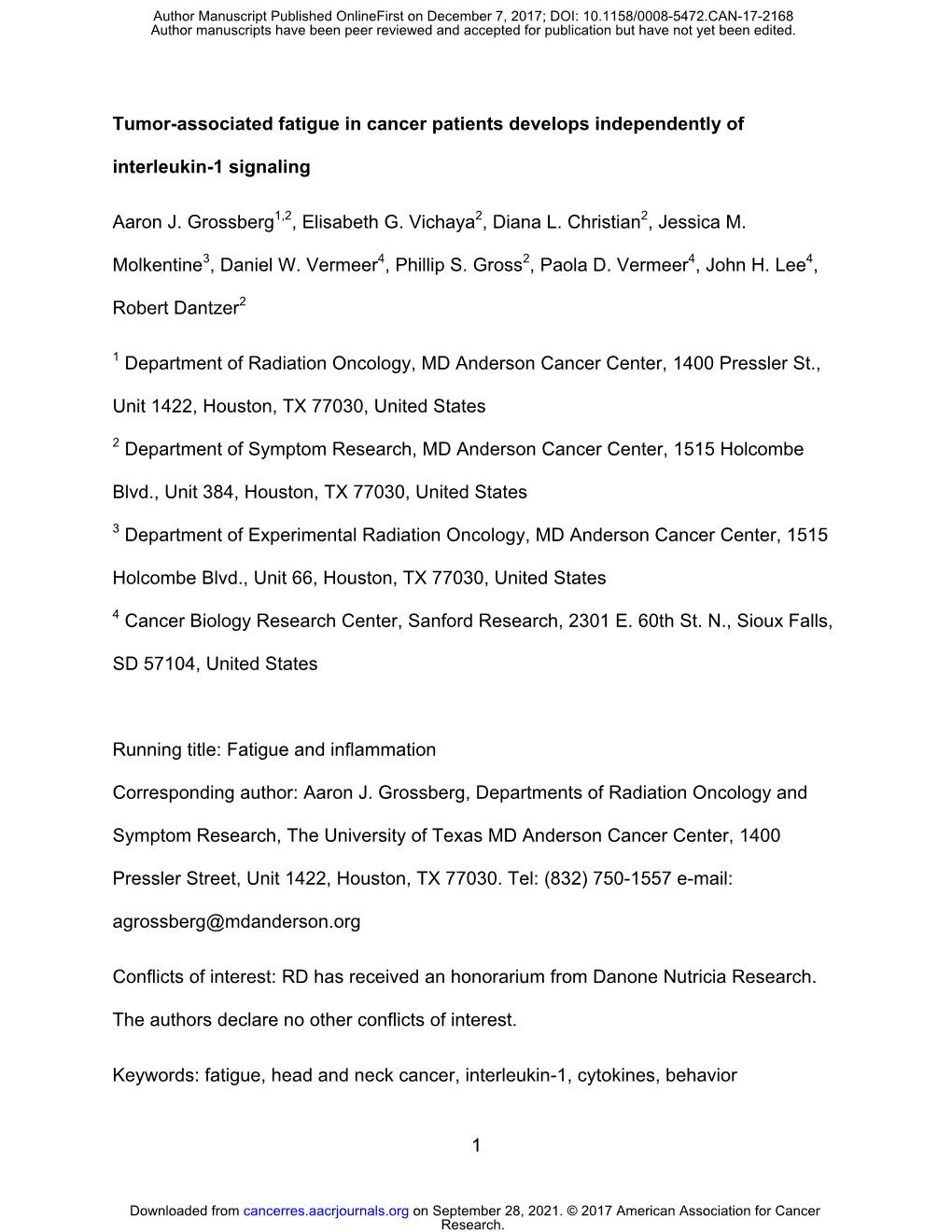 Tumor-Associated Fatigue in Cancer Patients Develops Independently of Interleukin-1 Signaling