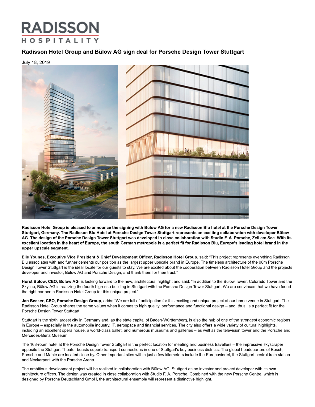 Radisson Hotel Group and Bülow AG Sign Deal for Porsche Design Tower Stuttgart